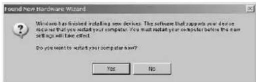 Found New Hardware Wizard Windows has finished installing new devices. The software that supports your device requires that you restart your computer. You must restart your computer before the new setup will have effect. Do you want to restart your computer now? Yes No
