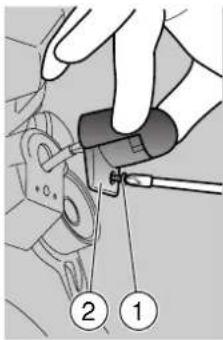 Technical diagram showing a hand operating a mechanical component with labeled parts 1 and 2