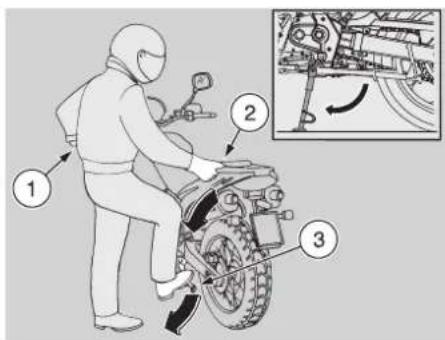 Diagram showing a person using a motorcycle to adjust the engine, with numbered parts and an inset view of the engine's internal structure.