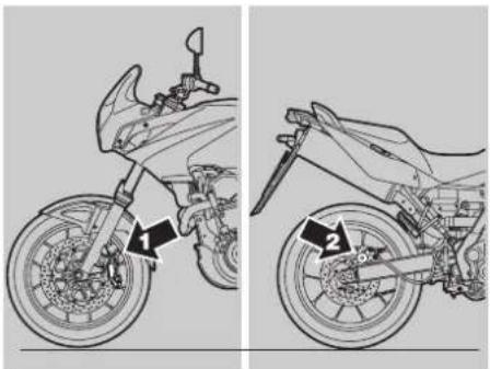 Technical diagram showing two views of a motorcycle's front and side assembly with labeled parts 1 and 2