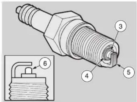 Technical diagram of a spark plug with numbered parts and an inset showing a circuit breaker component labeled 6.