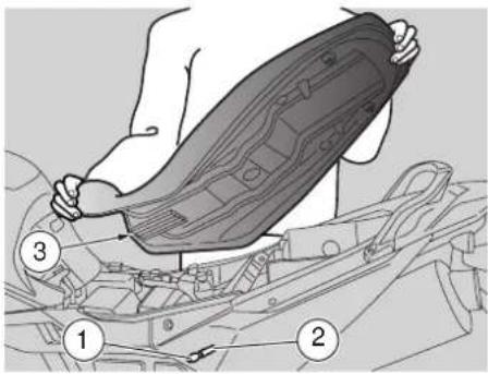 Technical diagram showing a person installing or adjusting a car body panel with numbered parts labeled 1, 2, and 3.
