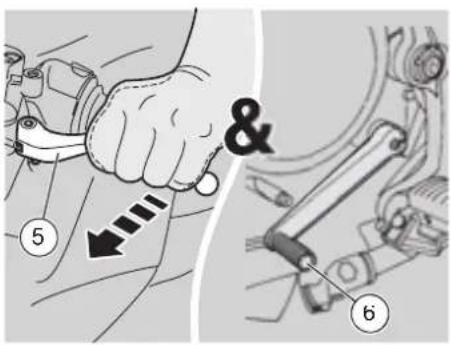 Technical diagram showing mechanical assembly steps with labeled parts 5 and 6, including a hand holding a component and a close-up of the lever mechanism.