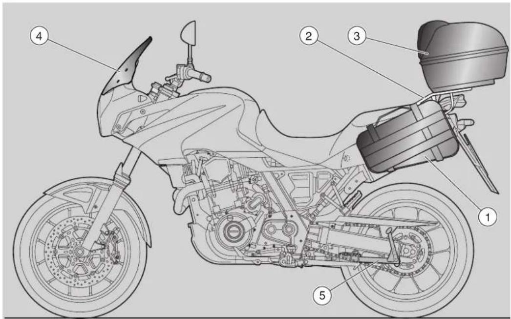 Technical diagram of a motorcycle with numbered parts for identification and assembly reference.
