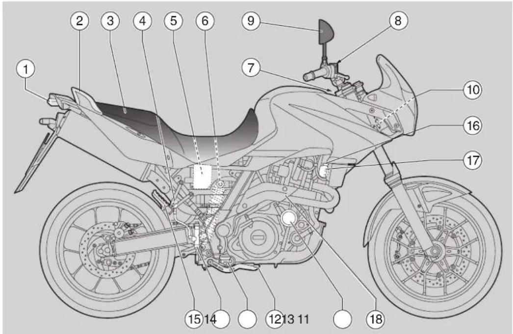 Technical diagram of a motorcycle with numbered parts for identification and assembly reference.