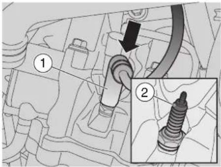Technical diagram showing mechanical assembly with numbered parts and a magnified inset of a threaded component