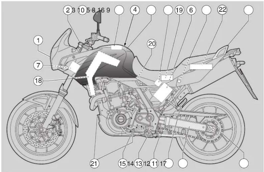 Technical diagram of a motorcycle with numbered parts for identification and assembly reference.
