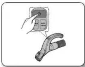 Diagram showing a hand pressing a digital display with a device labeled 'i' and a close-up of its handle.