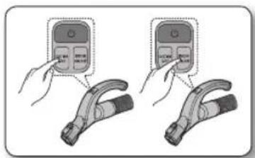 Diagram showing two hand positions of a device with control buttons, one pointing at the screen and the other holding the device.