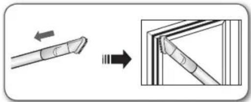 Diagram illustrating the process of a tool tip before and after cutting a rectangular object, with directional arrows indicating movement.