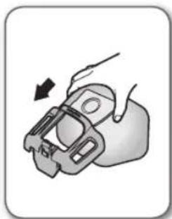 Illustration of a mechanical clamp or bracket with a hand adjusting its part (no text or symbols)