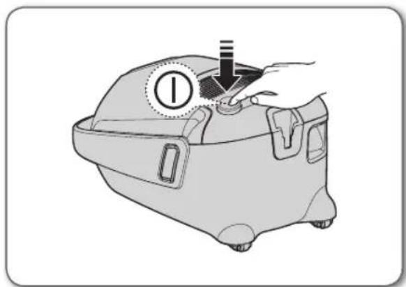 Illustration of a hand pressing down on a small mechanical component with a numbered label (no text or symbols on the object itself).