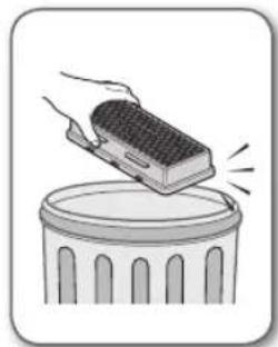 Illustration of a hand using a brush to lift a trash can on a trash bin (no text or symbols)