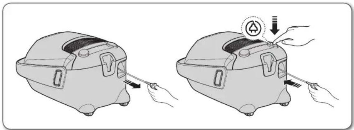 Illustration of two identical hand-drawn views of a small appliance with a tool, showing a step and a circular symbol (no text or labels).