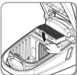 Technical illustration of a car's internal components, showing battery, air intake manifold, and hand placement (no text or symbols)