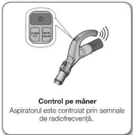 Control pe mâner. Aspiratorul este controlat prin semnale de radiofrecvență.