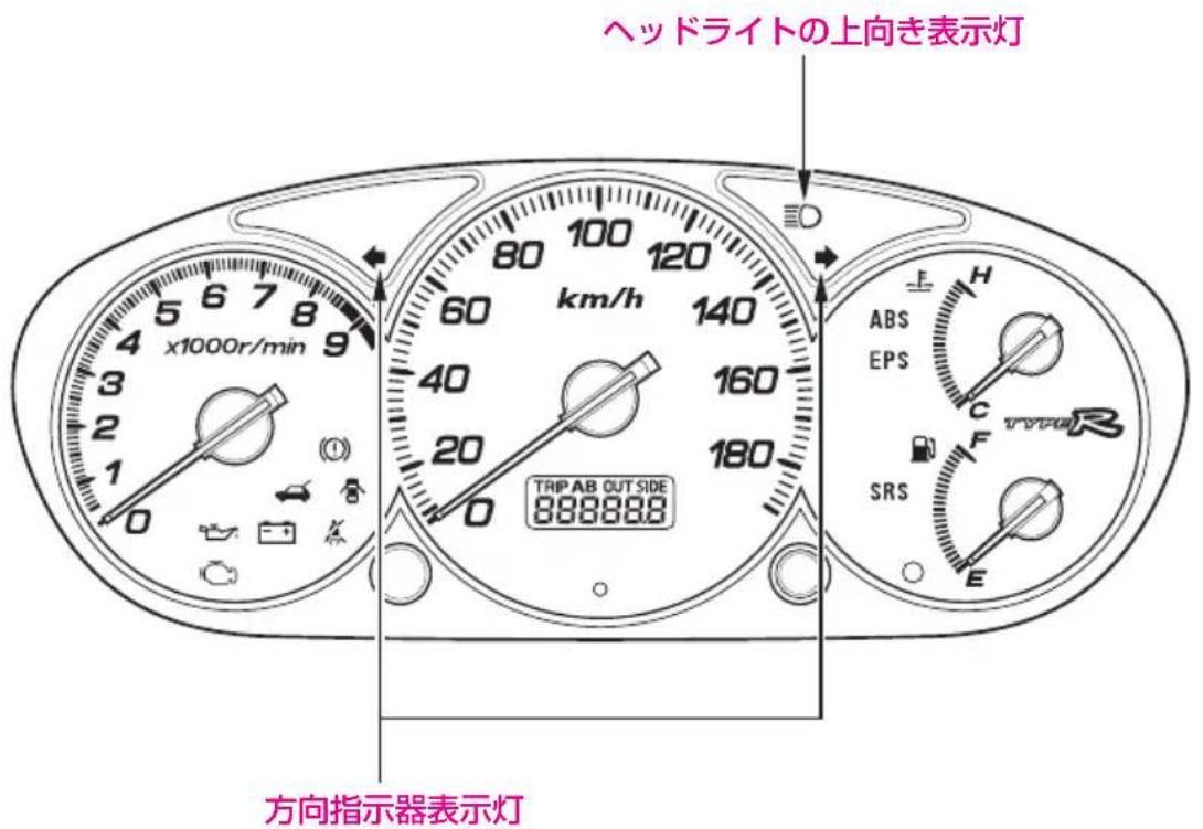 ヘッドライトの上向き表示灯 x1000r/min 4 5 6 7 8 9 3 2 1 0 100 80 120 60 140 40 160 20 180 TRIP AB OUTSIDE 8888888 ABS EPS H C F SRS E 方向指示器表示灯