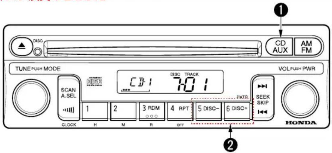 DISC CD AUX AM FM TUNEPUSH MODE VOL PUSH PWR SCAN A. SEL DISC CD:1 7:0 1 2WJ9. SEEK SKIP CLOCK H M R OFF 5 DISC- 6 DISC+ HONDA