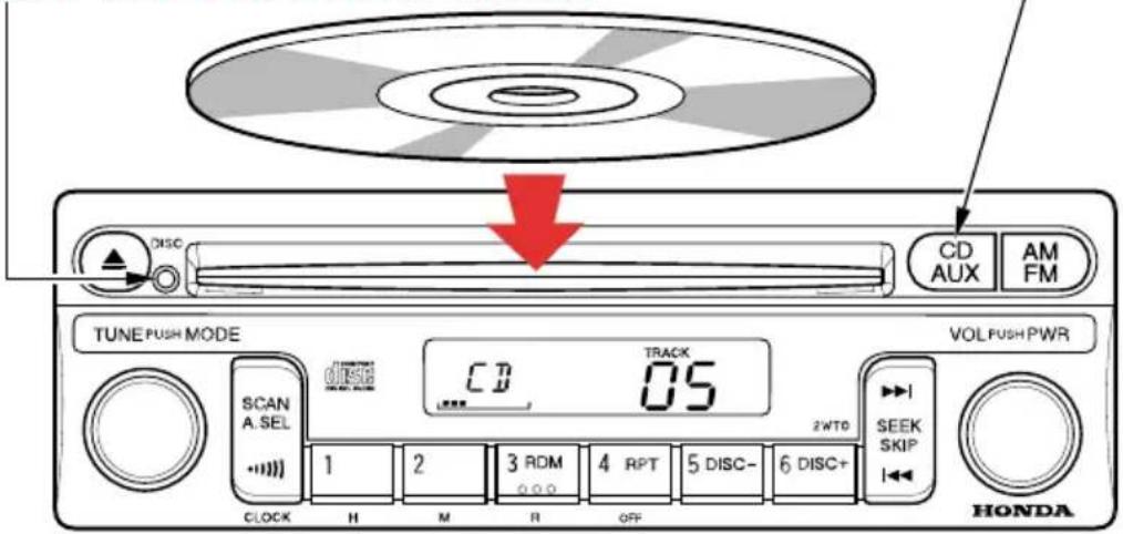 CD DISC CD AUX AM FM TUNE PUSH MODE VOL PUSH PWR CD TRACK 05 2WTO SCAN A. SEL 1 2 3 RDM 4 RPT 5 DISC- 6 DISC+ SEEK SKIP CLOCK H M R OFF HONDA