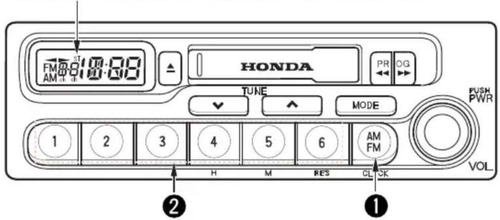 FM ST 18:00 AM ch ch HONDA PR OG TUNE MODE PUSH PWR 1 2 3 4 5 6 AM FM H M RES CLK VOL ② ①