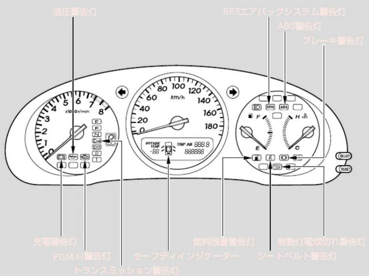 油圧警告灯 x10 0r/min F R N D4 D3 E 1 2 1 OUTSIDE TEMP -88 TRIP AB 888.9 888888 SRSエアバッグシステム警告灯 ABS警告灯 ブレーキ警告灯 ED SRS ABS F H E C SELECT RESET 充電警告灯 PGM-FI警告灯 セーフディインジケーター トランスミッション警告灯 燃料残量警告灯 制動灯電球切れ警告灯 シートベルト警告灯