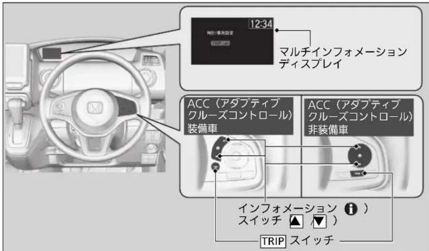 12:34 マルチインフォメーション ディスプレイ ACC(アダプティブ クルーズコントロール) 装備車 ACC(アダプティブ クルーズコントロール) 非装備車 インフォメーション ⓘ ) スイッチ ▲ ▼ ) TRIP スイッチ