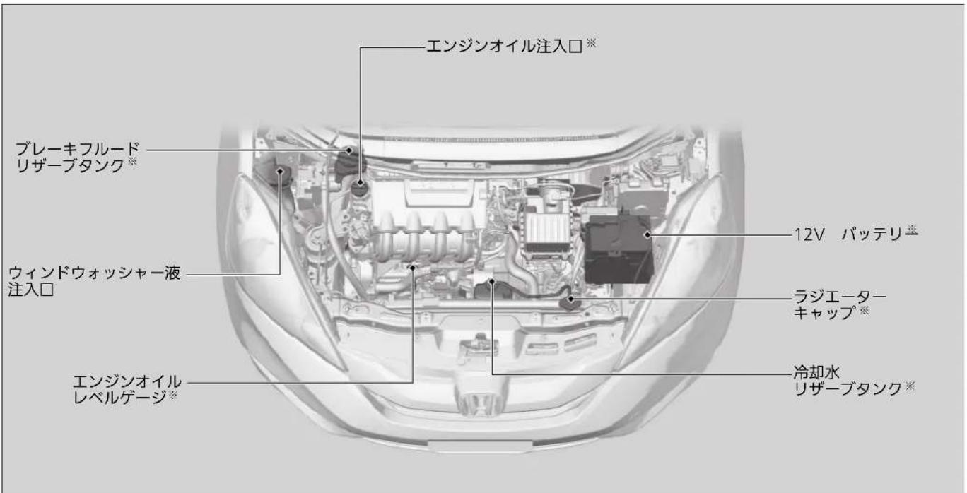 エンジンオイル注入口※ ブレーキフルード リザーブタンク※ ウィンドウォッシャー液 注入口 エンジンオイル レベルゲージ※ 12V バッテリー※ ラジエータ- キャップ※ 冷却水 リザーブタンク※