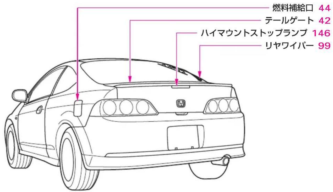 燃料補給口 44 テールゲート 42 ハイマウントストップランプ 146 リヤワイパー 99