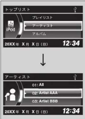 トップリスト iPod プレイリスト アーティスト アルバム 20XX年 X月 X日(日) 12:34 アーティスト 01: All 02: Artist AAA 03: Artist BBB 20XX年 X月 X日(日) 12:34