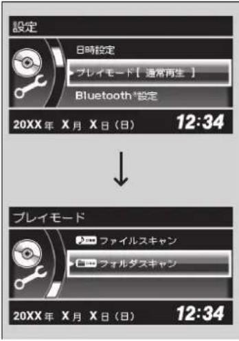 設定 日時設定 ▶ フレイモード [ 通常再生 ] Bluetooth®設定 20XX年 X月 X日 (日) 12:34 ↓ ブレイモード ▶ ファイルスキャン ▶ ファイルダスキャン 20XX年 X月 X日 (日) 12:34