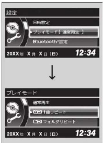 設定 日時設定 プレイモード[通常再生] Bluetooth®設定 20XX年 X月 X日(日) 12:34 プレイモード 通常再生 1曲リビート フォルダリビート 20XX年 X月 X日(日) 12:34