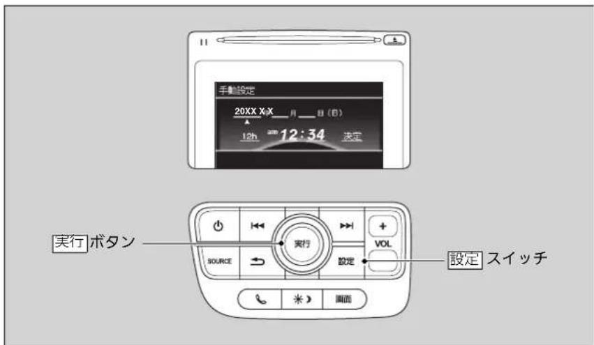 11 手動設定 20XX X/X__月__日(日) 12h 12:34 決定 実行 ボタン SOURCE 実行 VOL 設定 設定 スイッチ 水面