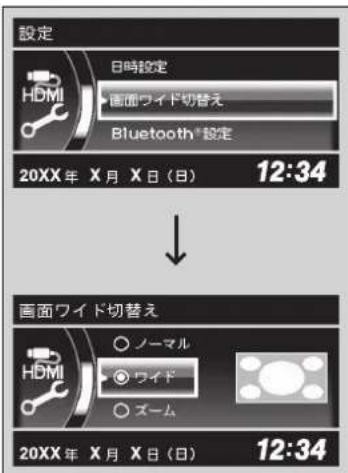 設定 HDMI 日時設定 画面ワイド切替え Bluetooth®設定 20XX年 X月 X日(日) 12:34 画面ワイド切替え HDMI ノーマル ワイド ズーム 20XX年 X月 X日(日) 12:34