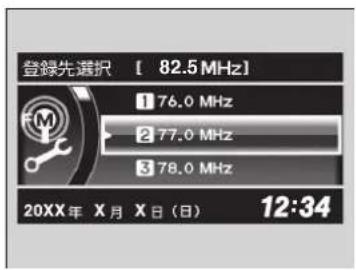 登録先選択 [ 82.5 MHz] 1 76.0 MHz 2 77.0 MHz 3 78.0 MHz 20XX年 X月 X日(日) 12:34