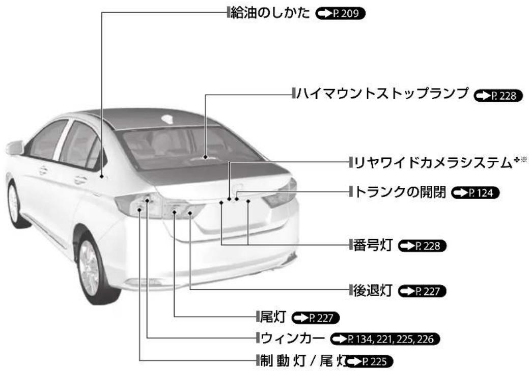 給油のしかた P.209 ハイマウントストップランプ P.228 リヤワイドカメラシステム※ トランクの開閉 P.124 番号灯 P.228 後退灯 P.227 尾灯 P.227 ウィンカー P.134, 221, 225, 226 制動灯 / 尾灯 P.225
