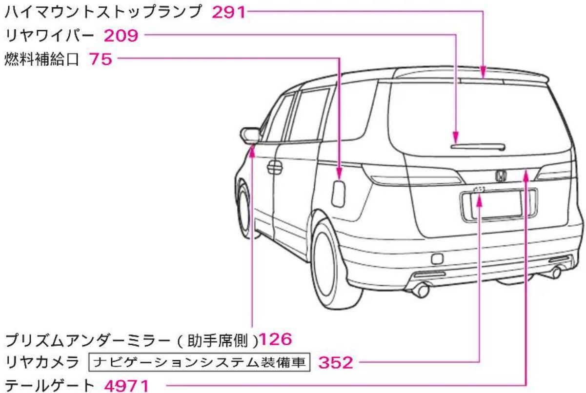 ハイマウントストップランプ 291 リヤワイパー 209 燃料補給口 75 プリズムアンダーミラー(助手席側)126 リヤカメラ ナビゲーションシステム装備車 352 テールゲート 4971