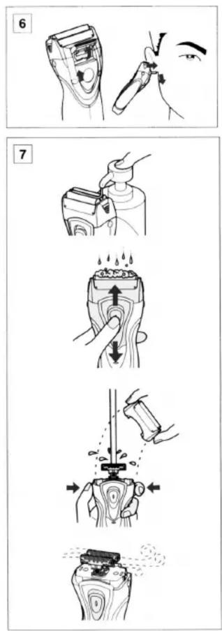 Illustrated guide showing step 6 of a hairdryer tool application, with steps to draw and press the product.