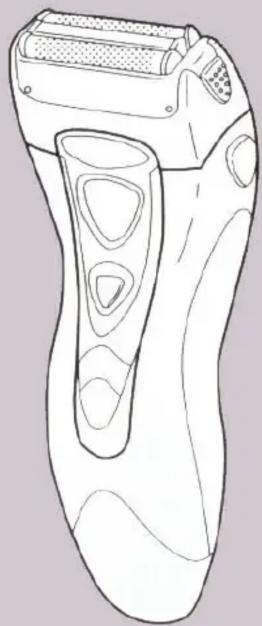 Line drawing of a hand holding an electric shaver (no text or symbols)