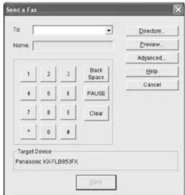 Send a Fax To: Name: 1 2 3 Back 4 5 6 PAUSE 7 8 9 Clear * 0 # Directory... Preview... Advanced... Help Cancel Target Device Panasonic KX-FLB853FX Send