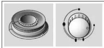 Two technical diagrams of a mechanical component, one showing a circular housing and the other a spherical dial with directional arrows (no text or symbols)