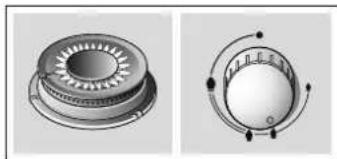 Technical illustration of a mechanical component with two views: top shows a circular housing with gear-like structure, bottom shows a circular dial with pointer arrows (no text or symbols)