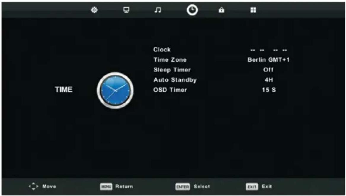 Clock Time Zone Sleep Timer Auto Standby OSD Timer Berlin GMT+1 Off 4H 15 S TIME Move MENU Return ENTER Select EXIT Exit