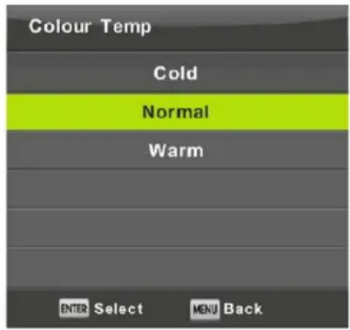 Colour Temp Cold Normal Warm ENTER Select MENU Back