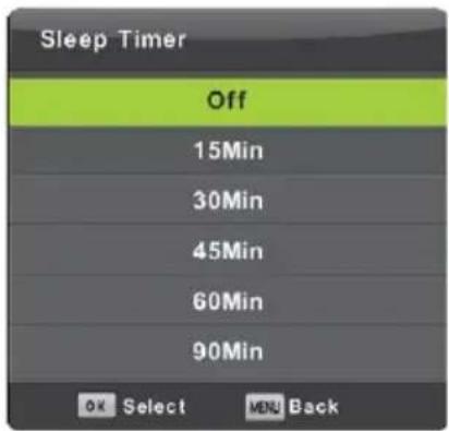 Sleep Timer Off 15Min 30Min 45Min 60Min 90Min OK Select MENU Back
