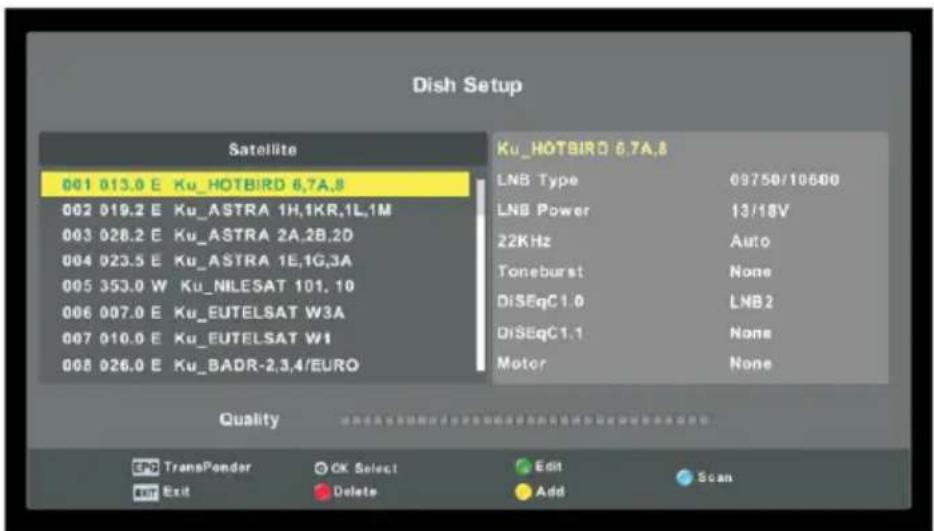 Dish Setup Satellite 001 013.0 E Ku_HOTBIRD 6,7A,8 002 019.2 E Ku_ASTRA 1H,1KR,1L,1M 003 026.2 E Ku_ASTRA 2A,2B,2D 004 023.5 E Ku_ASTRA 1E,1G,3A 005 353.0 W Ku_NILESAT 101, 10 006 007.0 E Ku_EUTELSAT W3A 007 010.0 E Ku_EUTELSAT W1 008 026.0 E Ku_BADR-2,3,4/EURO Ku_HOTBIRO 6.7A,8 LNB Type 09750/10600 LNB Power 13/18V 22KHz Auto Toneburst None DiSEqC1.0 LNB2 DiSEqC1.1 None Motor None Quality CPU TransPonder OK Select Update Delete Add Scan