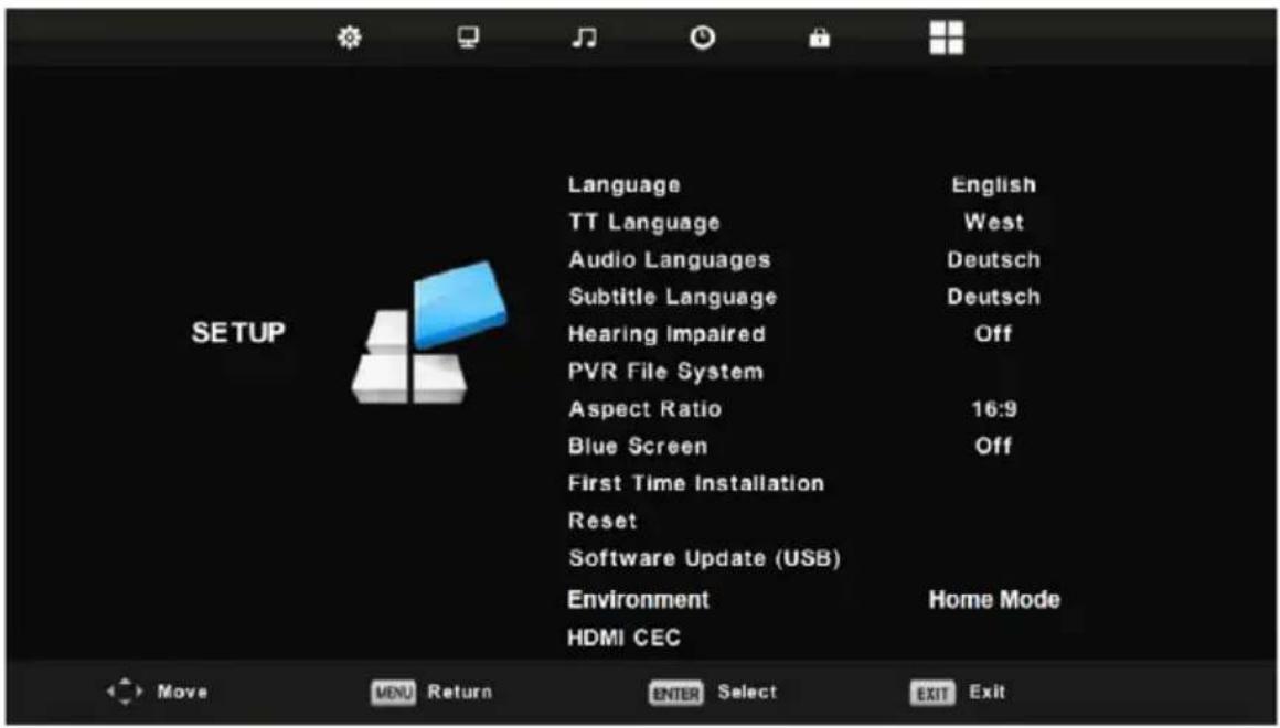 Language TT Language Audio Languages Subtitle Language Hearing Impaired PVR File System Aspect Ratio Blue Screen First Time Installation Reset Software Update (USB) Environment HDMI CEC English West Deutsch Deutsch Off 16:9 Off Home Mode Move MENU Return ENTER Select EXIT Exit