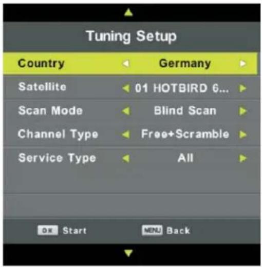 Tuning Setup Country Germany Satellite 01 HOTBIRD 6... Scan Mode Blind Scan Channel Type Free+Scramble Service Type All OK Start MENU Back