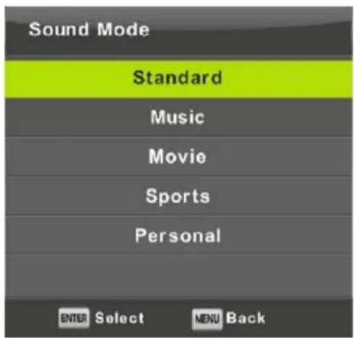 Sound Mode Standard Music Movie Sports Personal ENTER Select MENU Back