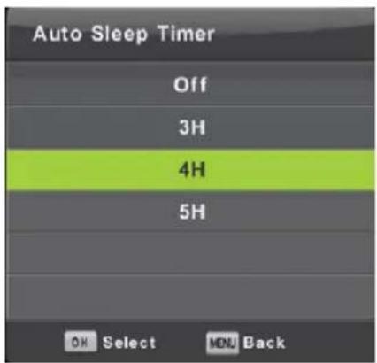 Auto Sleep Timer Off 3H 4H 5H OK Select MENU Back