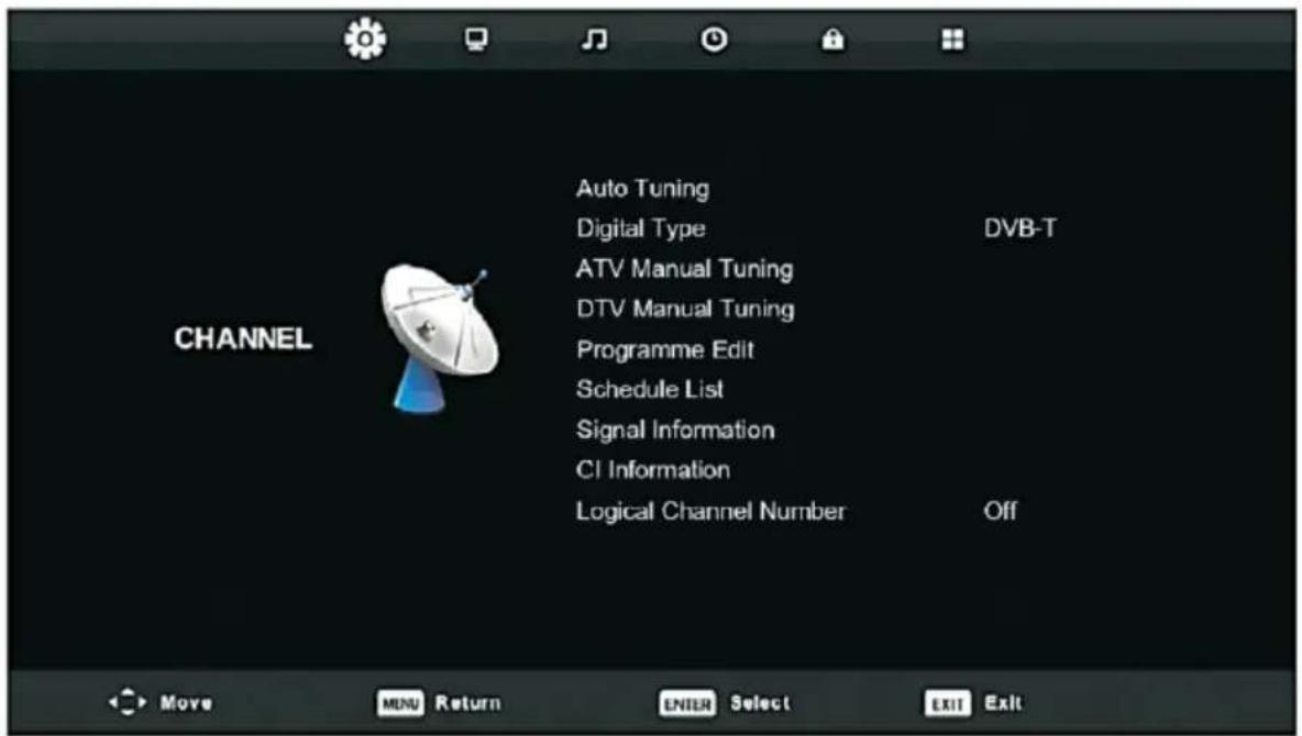CHANNEL Auto Tuning Digital Type ATV Manual Tuning DTV Manual Tuning Programme Edit Schedule List Signal Information CI Information Logical Channel Number DVB-T Off Move MENU Return ENTER Select EXIT Exit